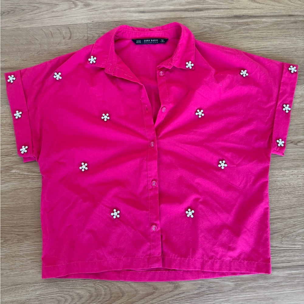 Zara Fuchsia Classic Embellished Pink Button-Up Blouse Size Extra Small
